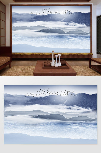 新中式写意意境水墨山水电视背景墙图片