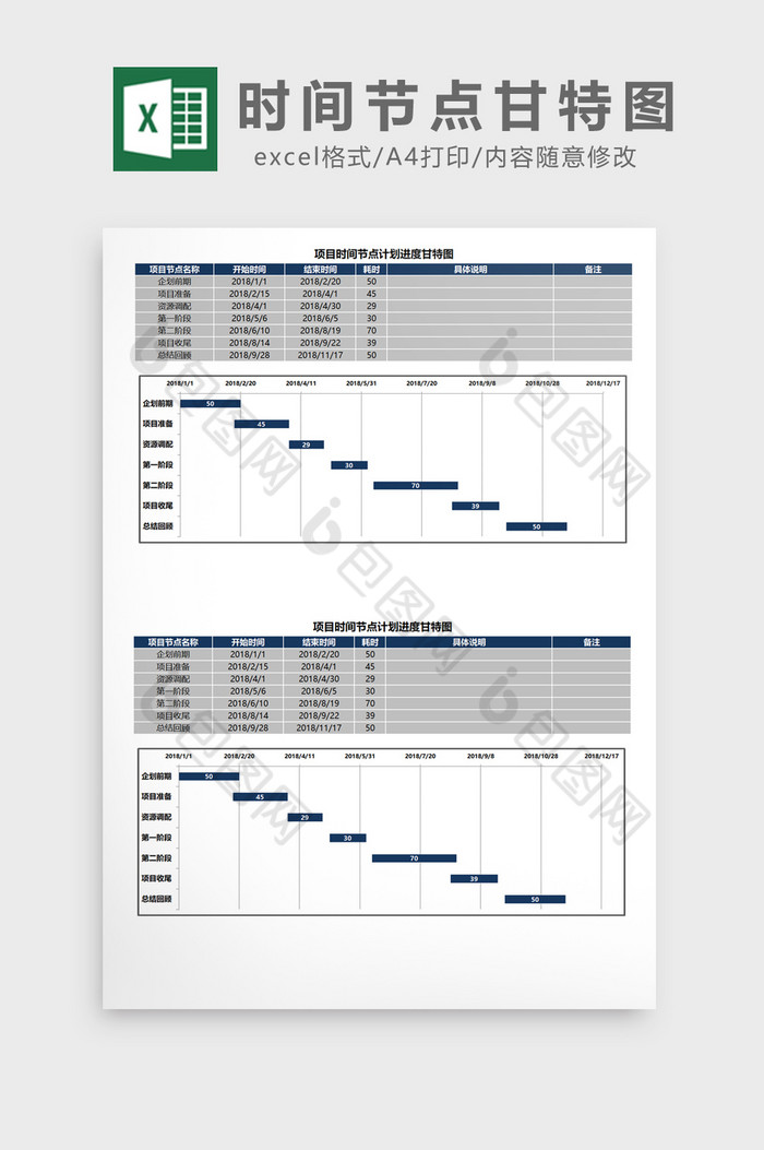 商务时间节点计划进度甘特图EXCEL表模图片图片