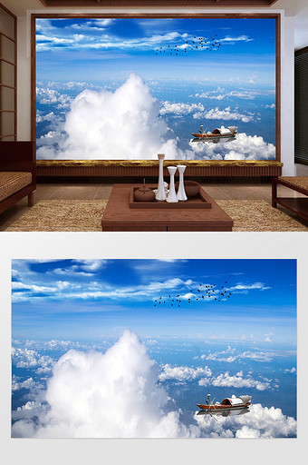 新中式中国风意境水墨山水电视背景墙云海之图片