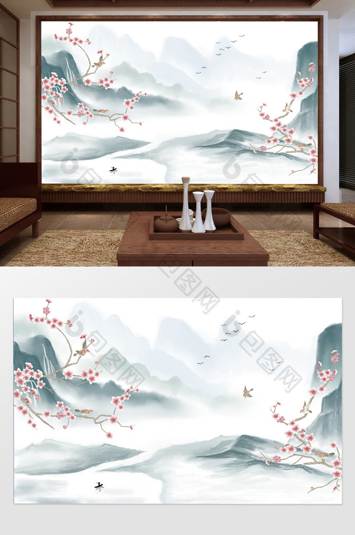中式仿手绘水墨背景花鸟背景墙图片图片