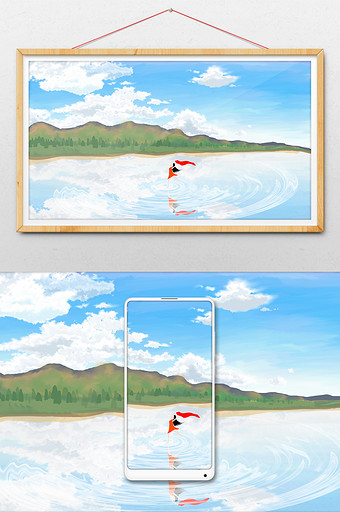 清新湖滨美女风景插画图片