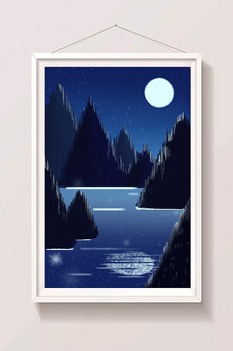 扁平风格夜晚湖景背景插画图片