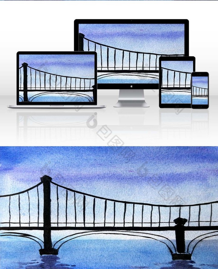 冷色调大海水彩手绘大桥背景插画素材