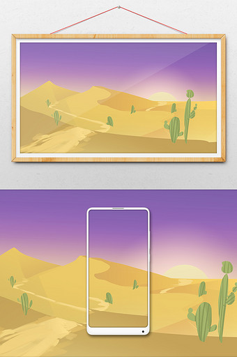 金色沙漠沙丘仙人掌风景插画图片