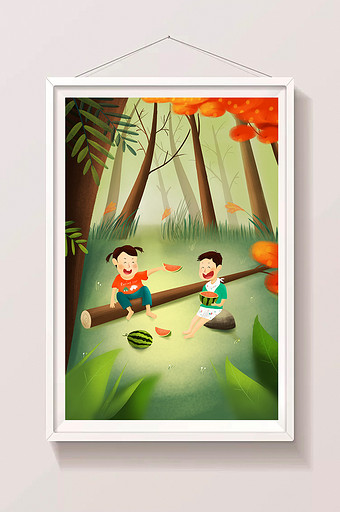 六一61儿童节夏天林间树林清新花朵插画图片