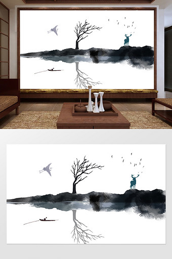 新中式禅意山水麋鹿枯枝水墨湖景背景墙图片