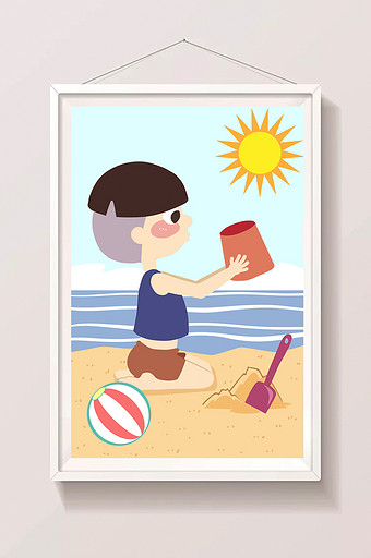 暑假海边玩沙插画图片