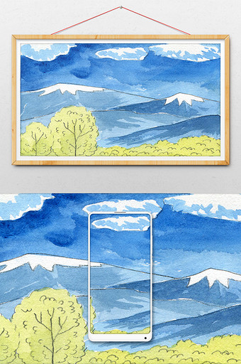 日本浮世绘水彩手绘风格远山插画背景图片