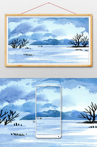 蓝色远山水彩风景插画背景图片