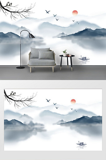 新中式山水花鸟意境电视背景墙定制图片