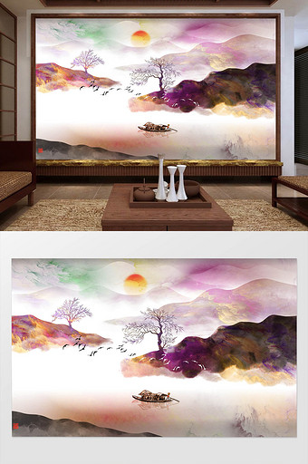 新中式炫彩抽象山水背景装饰画图片
