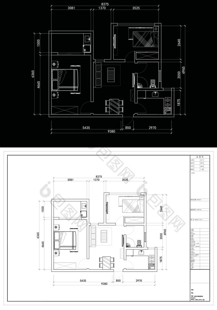 两室一厅cad平面布局方案定制