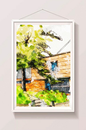 绿色夏日庭院小景水彩手绘插画背景素材图片