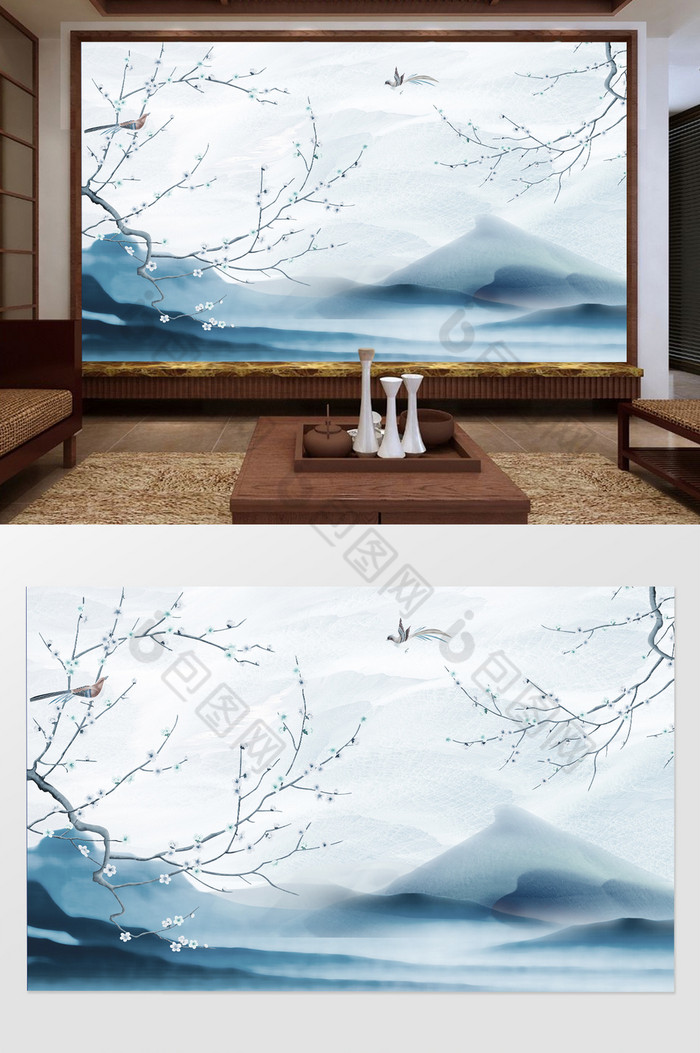 新中式风水墨风格花鸟电视背景墙图片图片