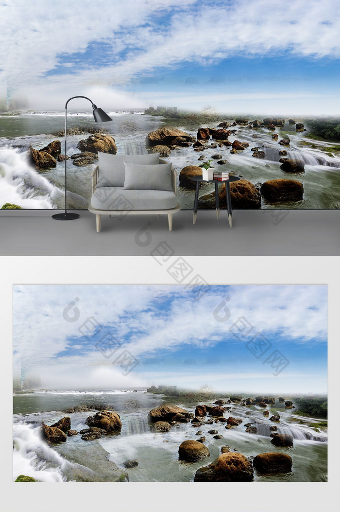 高清3D大理石纹山水日出背景墙石头流水图片图片