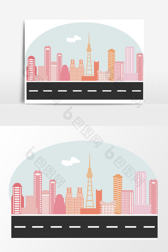 扁平化红色上海建筑群元素图片
