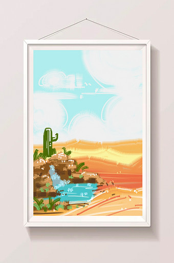 暖色卡通手绘沙漠绿洲卡通插画手绘背景图片