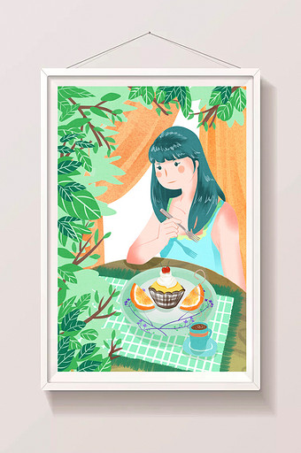 清新唯美女性吃甜点下午茶插画图片