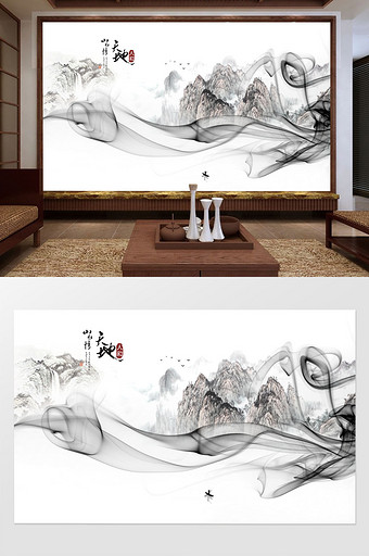 新中式烟雾抽象山水山水情电视背景墙装饰画图片