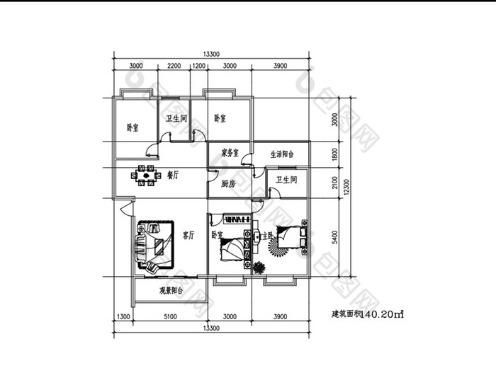 四室两厅140平米CAD户型图纸