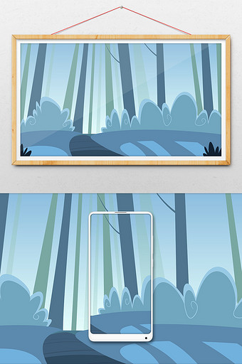 卡通插画树林里的小道手绘背景图片