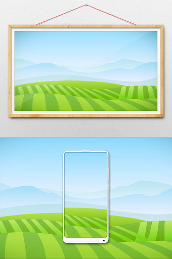 绿色小清新郊外景色背景手绘插画图片