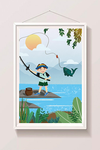 原创暑期生活钓鱼娱乐系列插画设计图片