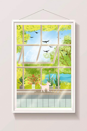 唯美小清新夏日阳光窗台上的猫咪花盆仙人掌图片