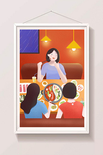 红色暖色调扁平闺蜜朋友聚餐吃火锅美食插画图片