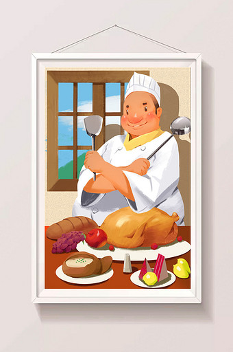 黄色唯美美食厨师插画图片
