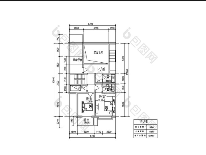 124平米三室两厅CAD图纸