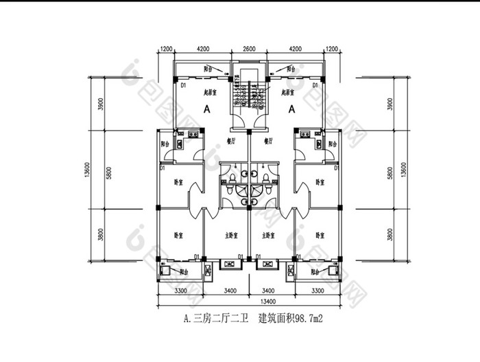 三室两厅两卫84平米一梯两户CAD户型图