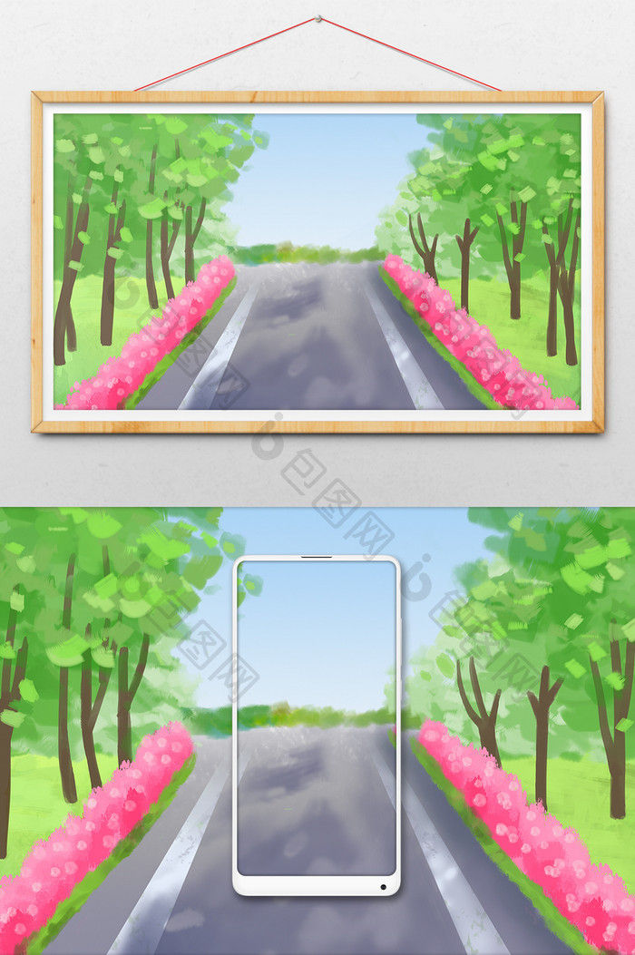 包图 插画 背景素材 【psd】 水彩手绘马路绿化大树 所属分类: 插画