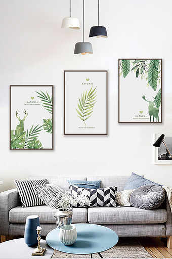 手绘动植物树叶客厅现代创意装饰画图片