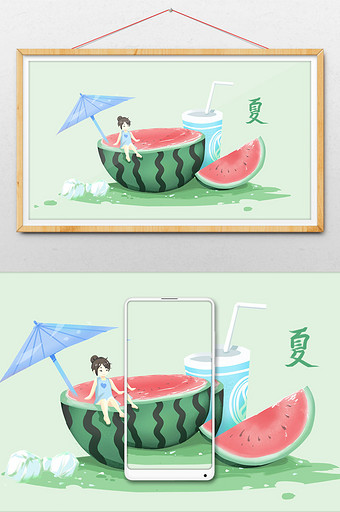 绿色红色卡通夏天吃西瓜插画图片