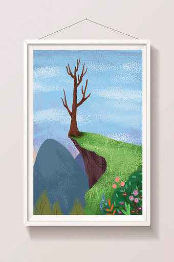 悬崖树木背景插画图片