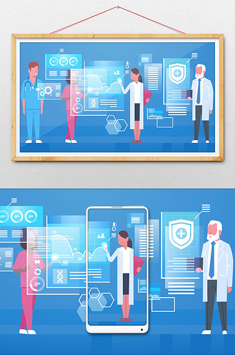 高科技创意小清新女医生数据分医疗场景插画图片