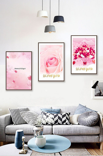 北欧ins粉色风景花卉让人物三联装饰画图片