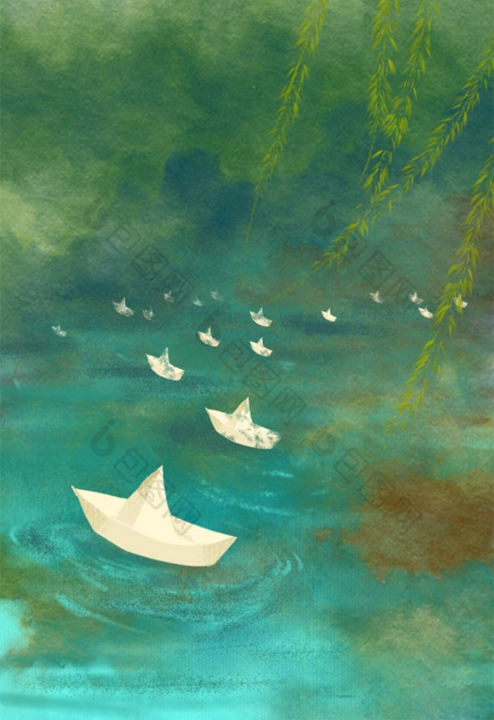 水彩插画背景杨柳河水模版