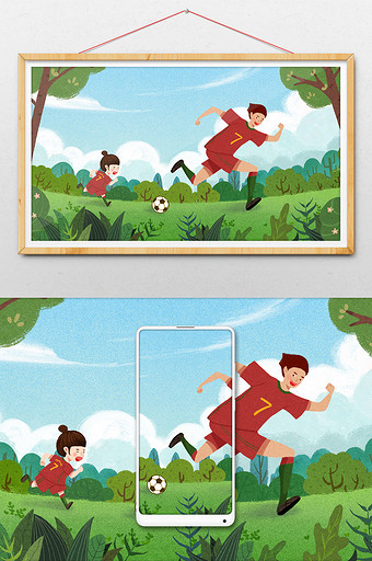 绿色红色扁平卡通风格郊外草地踢足球插画图片