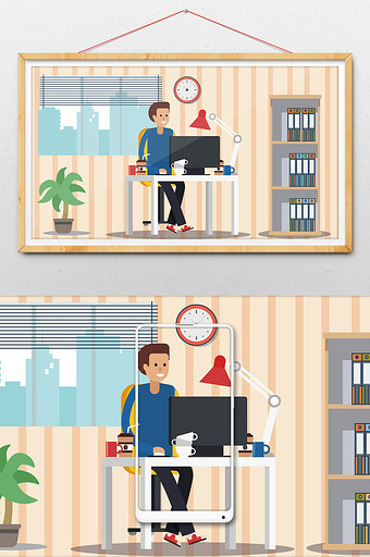创意小清新自由职业者家庭办公场景插画图片