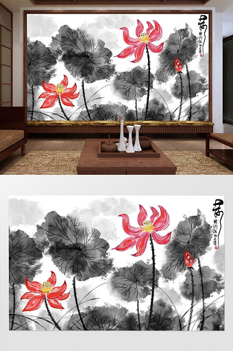 新中式手绘写意水墨荷花背景墙图片