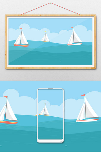 小清新简约海上的帆船背景手绘插画图片