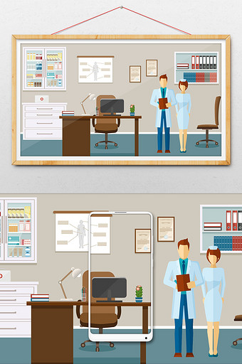 创意小清新医生护士医院办公室插画图片