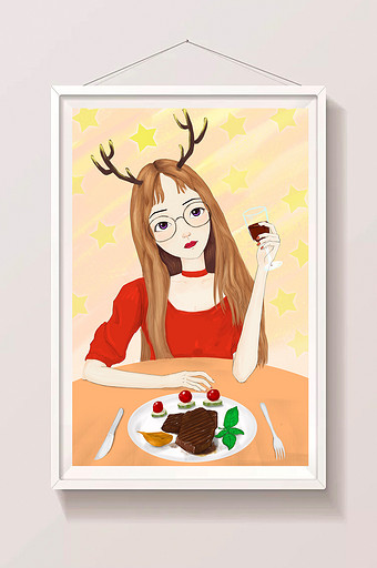 手绘优雅女性喝红酒吃西餐美食插画图片