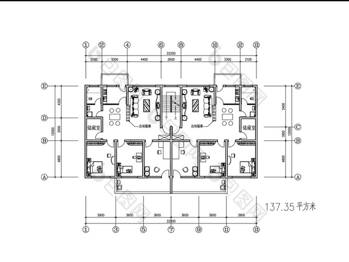 128平米一梯两户三室两厅CAD户型图纸