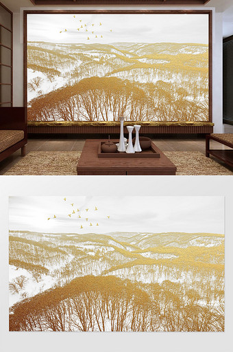 高清新中式金色山川飞鸟树林背景墙定制图片