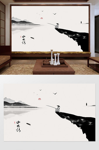 中国风意境简约山水情电视背景墙定制图片