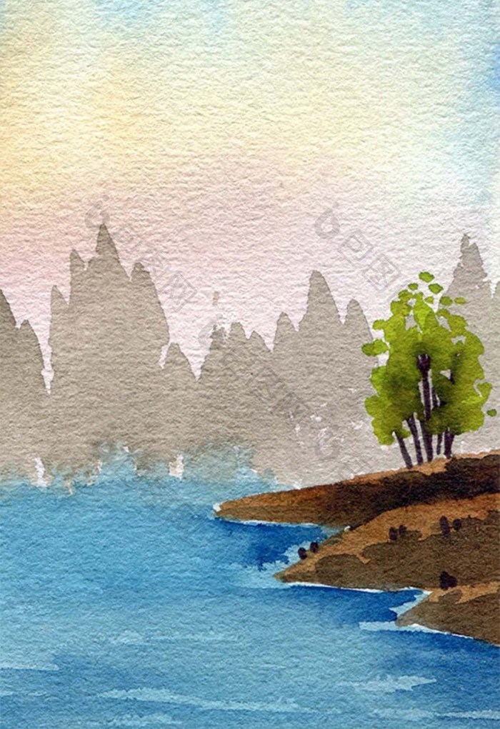 蓝色夏日远山素材手绘背景风景清新水彩