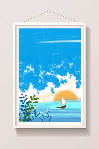 蓝色夏日海边帆船手绘插画卡通背景素材图片